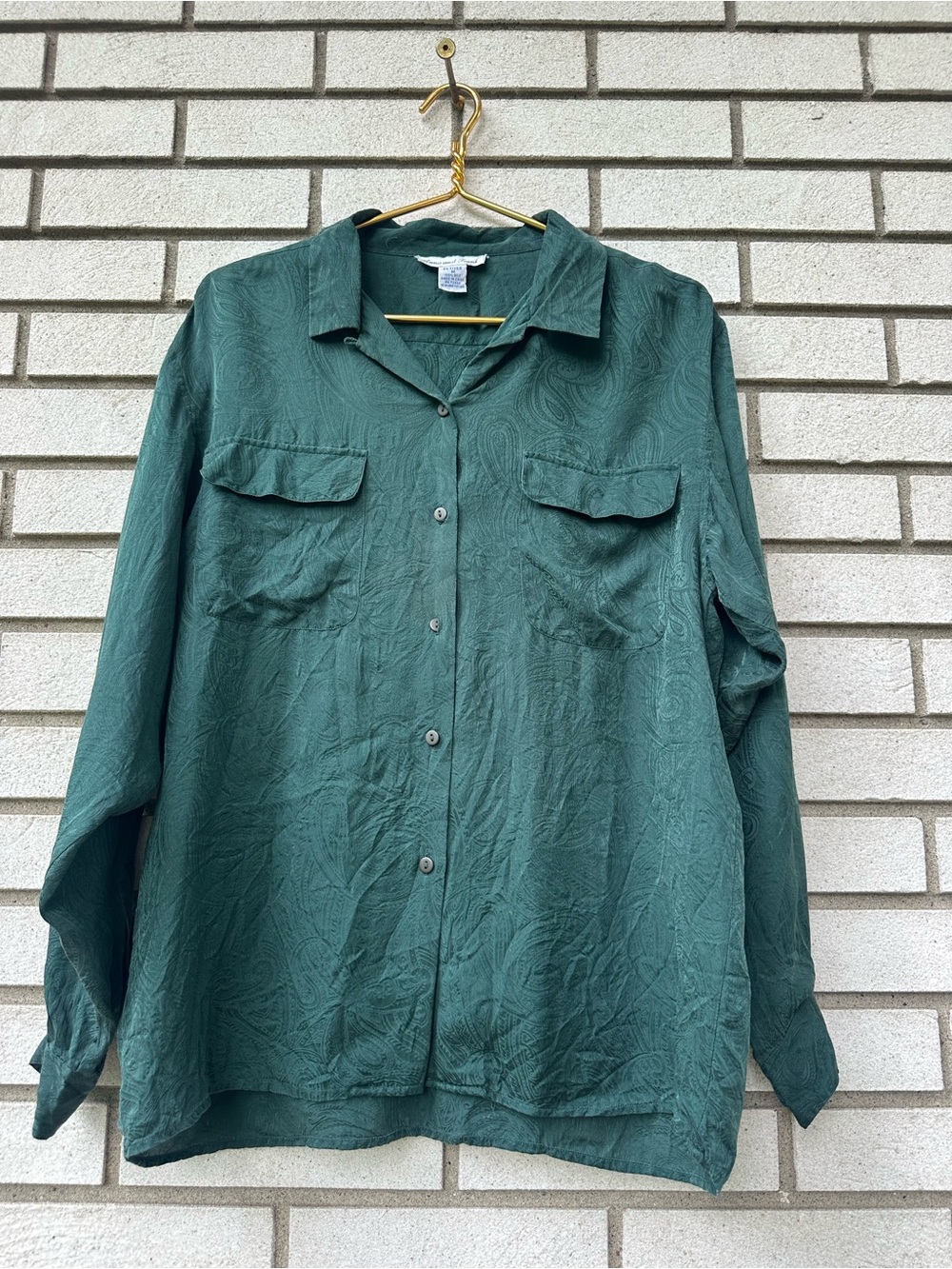 Anna And Frank Vintage 100% Silk Green Paisley Button Front Blouse Petite M
